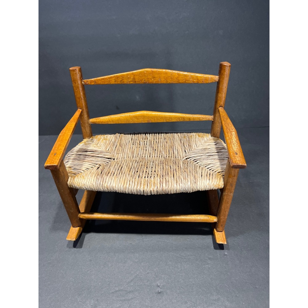 Vintage Miniature Wooden Rocking Bench Woven Rush Seat Dollhouse Furniture 8.5in